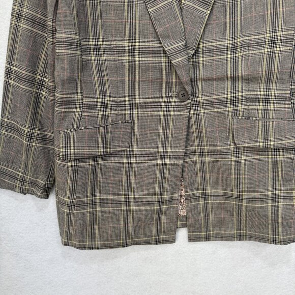 Sundance Blazer Womens Large Gray Glen Plaid Linen Cotton Blend 1 Button Jacket - Picture 3 of 11
